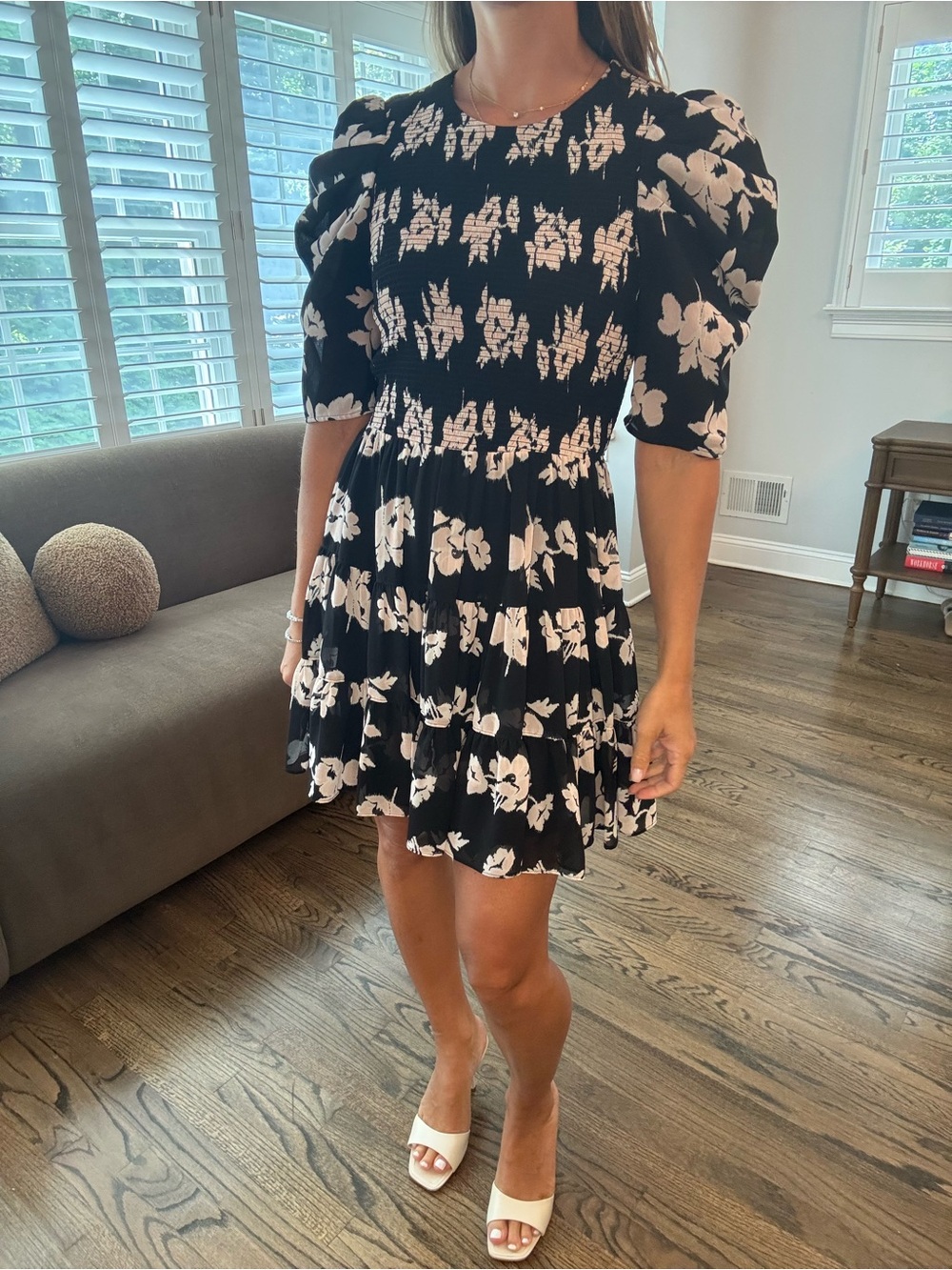 cinq a sept Black and Pink Floral Puff-Sleeve Mini Dress